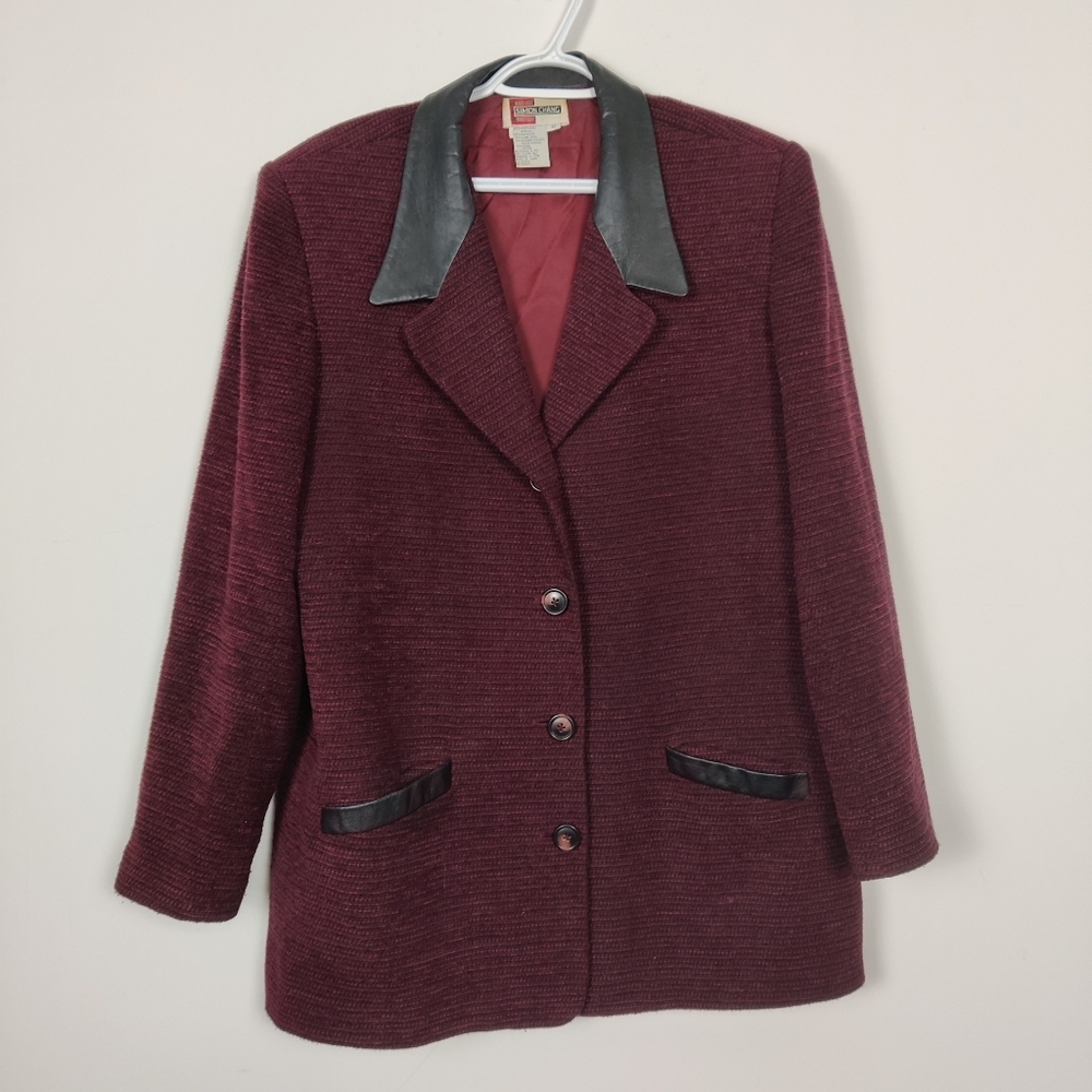 Vintage Simon Chang Women's Wool Coat Blazer Sz 16 Leather Collar Office Career